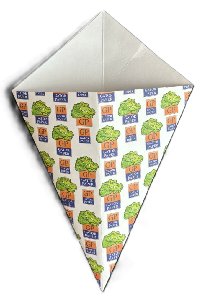 Custom printed Gator Paper fry cone with full-color alligator and logo artwork